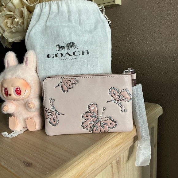 Coach Blush Butterfly Rivets Corner Zip Wristlet plus a Pop Mart lil’ Monster - Picture 3 of 15
